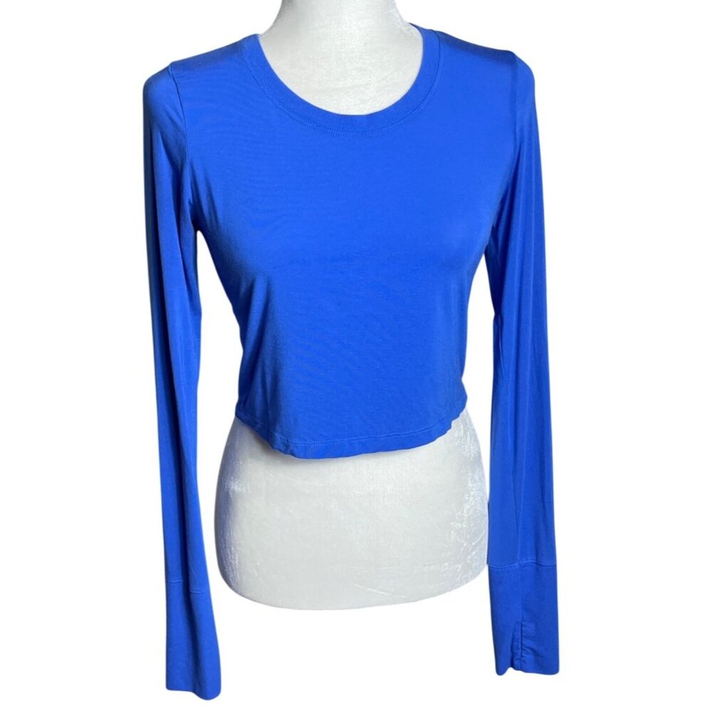 Aerie Offline Crop Top Blue Long Sleeve Crew Tshirt Layers Basic Soft Womens S